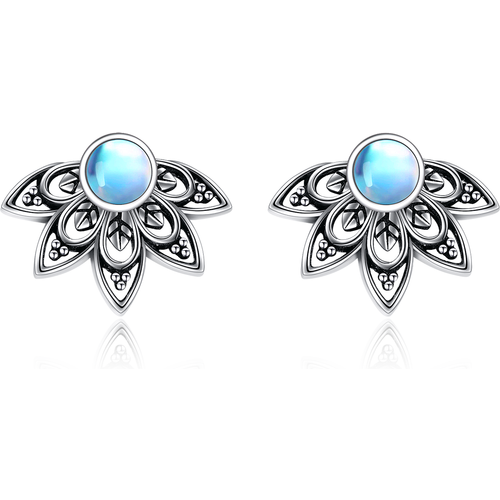 Sterling Silver Moonstone Blue Lotus Stud Earrings