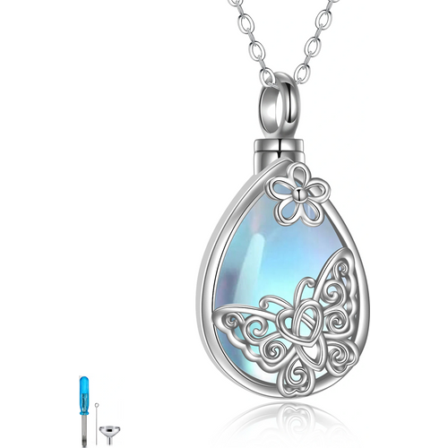 Sterling Silver Moonstone Butterfly & Drop Shape Urn Necklace for Ashes with Engraved Word