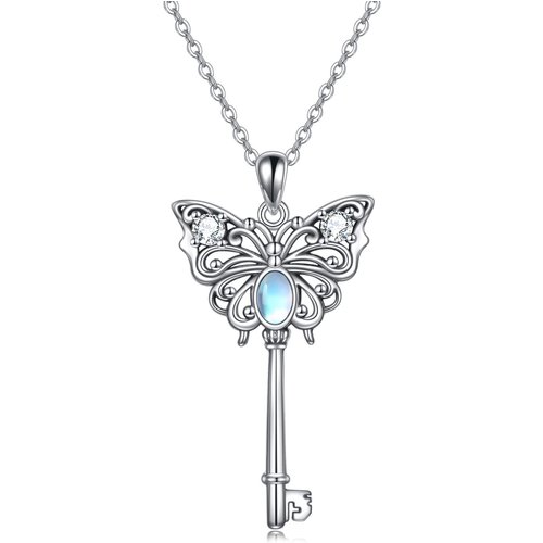 Sterling Silver Cubic Zirconia Moonstone Butterfly Key Pendant Necklace For Women