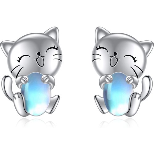 Sterling Silver Moonstone Cat Stud Earrings