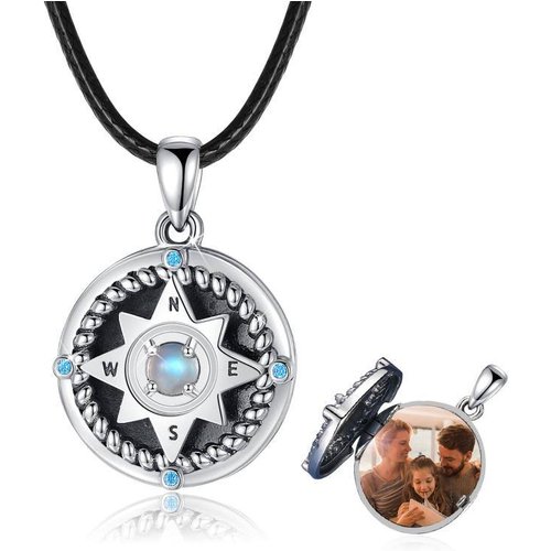 Sterling Silver Moonstone Compass Personalized Photo Locket Necklace