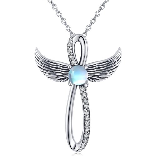 Sterling Silver Cubic Zirconia & Moonstone Cross Pendant Necklace