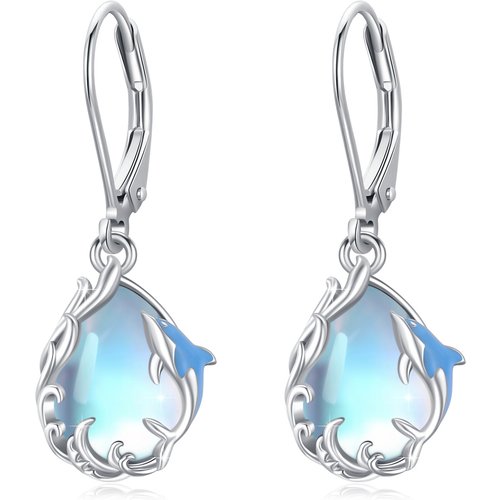 Sterling Silver Moonstone Dolphin & Drop Shape Lever-back Earrings
