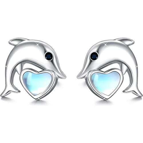 Sterling Silver Moonstone Dolphin & Heart Stud Earrings