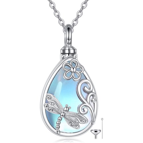 Sterling Silver Moonstone Dragonfly & Celtic Knot Urn Necklace for Ashes with Engraved Word