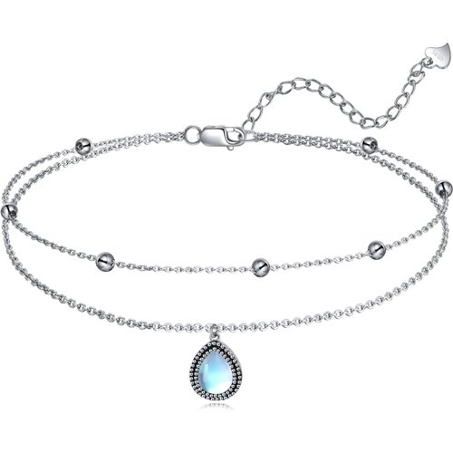 Sterling Silver Moonstone Drop Shape Multi-layered Anklet
