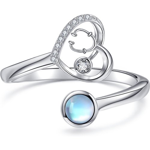 Sterling Silver Cubic Zirconia & Moonstone Heart & Stethoscope Open Ring