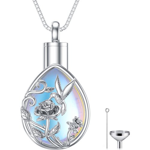 Sterling Silver Moonstone Hummingbird & Rose Urn Necklace for Ashes