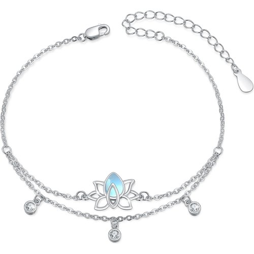 Sterling Silver Cubic Zirconia & Moonstone Lotus Layerered Bracelet