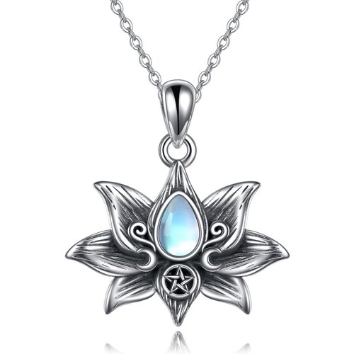 Sterling Silver Moonstone Lotus Moon Goddess Pendant Necklace