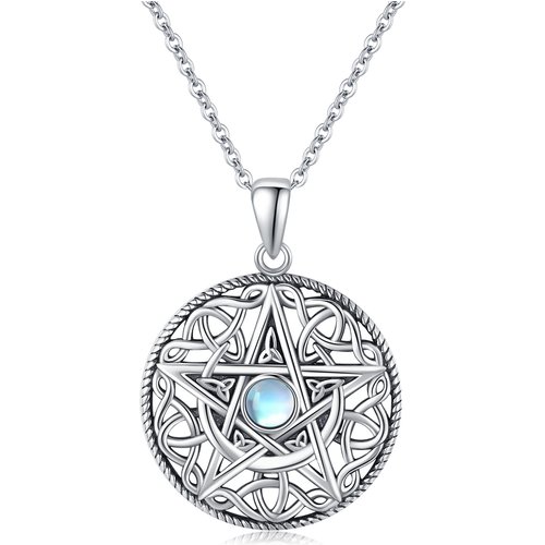 Sterling Silver Moonstone Moon & Pentagram Pendant Necklace