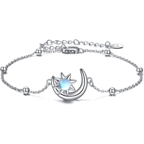 Sterling Silver Moonstone Moon & Star Bead Station Chain Bracelet