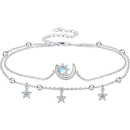 Sterling Silver Round Moonstone Moon And Sun Star Multi-Layered Anklet For Women