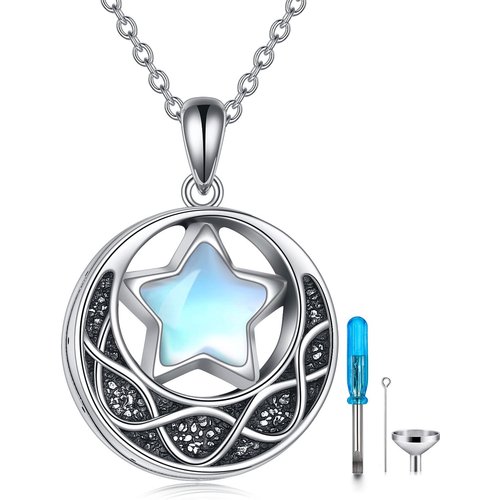 Sterling Silver Moonstone Moon & Star Urn Necklace for Ashes