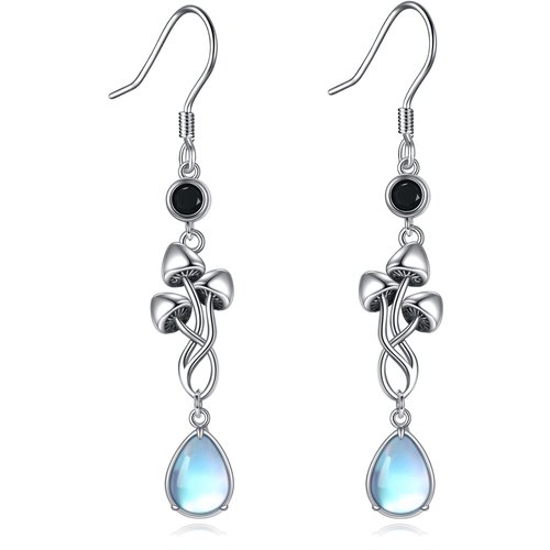 Sterling Silver Drop Moonstone With Cubic Zirconia Mushroom Earrings For Women