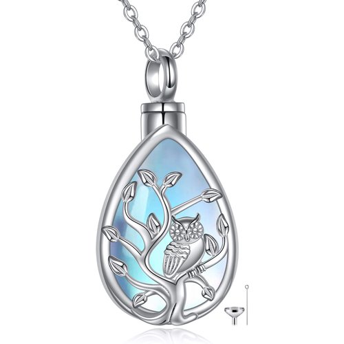 Sterling Silver Drop Moonstone Owl & Tree Of Life Engraved Word Urn Necklace For Ashes