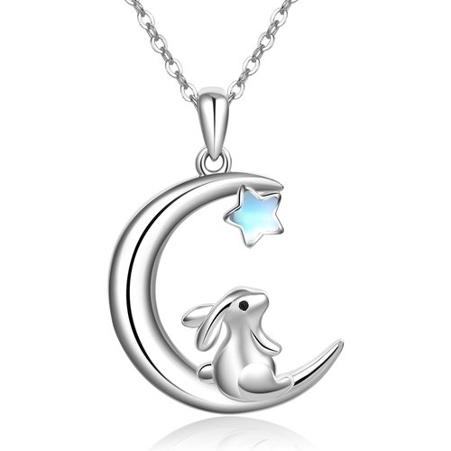Sterling Silver Moonstone Rabbit & Moon Pendant Necklace