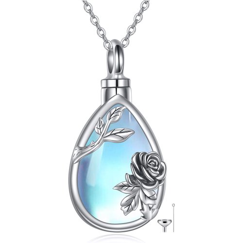 Sterling Silver Moonstone Rose & Drop Shape Urn Necklace for Ashes with Engraved Word