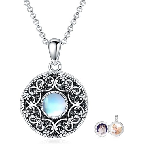 Sterling Silver Moonstone Round Personalized Photo Locket Necklace