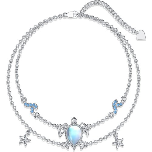 Sterling Silver Moonstone Sea Turtle Starfish With Spray Layerered Bracelet For Women
