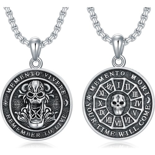 Sterling Silver Mori & Skull Pendant Necklace with Engraved Word for Men
