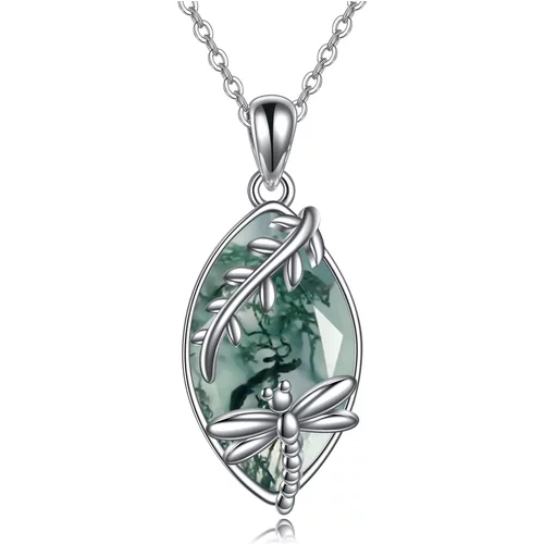 Sterling Silver Moss Agate Dragonfly Pendant Necklace