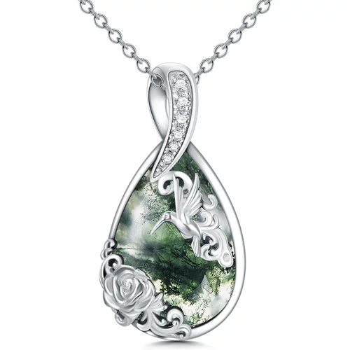 Sterling Silver Moss Agate Hummingbird Drop Pendant Necklace For Women