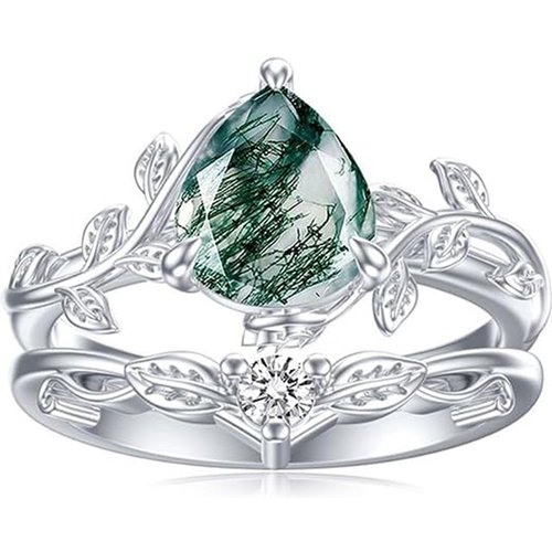 Sterling Silver Moss Agate Leaves & Drop Shape Ring