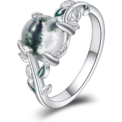 Sterling Silver Moss Agate Leaves Engagement Ring
