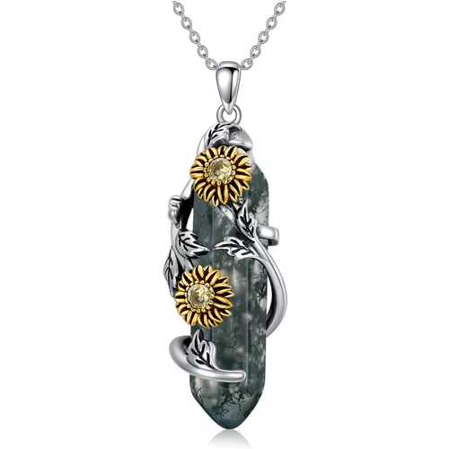 Sterling Silver Moss Agate Leaves & Sunflower Pendant Necklace