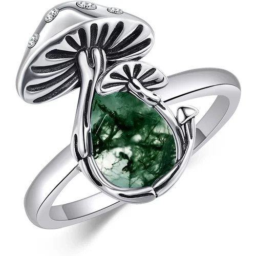 Sterling Silver Moss Agate Mushrooms Ring