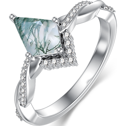 Sterling Silver Moss Agate Personalized Engraving & Couple Engagement Ring
