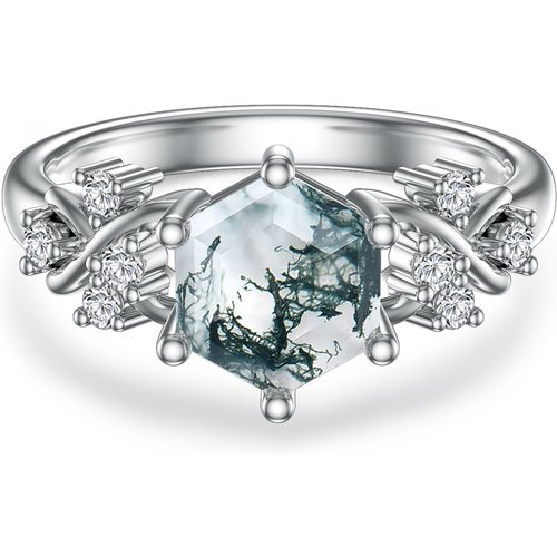 Sterling Silver Moss Agate Personalized Engraving & Couple Ring