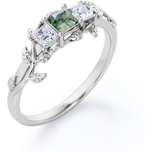Sterling Silver Moss Agate & Personalized Engraving Leaves Engagement Ring