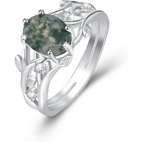 Sterling Silver Moss Agate Personalized Engraving Leaves Oval Engagement Ring for Women