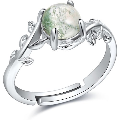 Sterling Silver Moss Agate Personalized Engraving Leaves Round Engagement Ring for Women