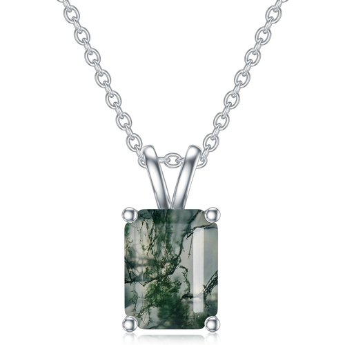 Sterling Silver Moss Agate Square Pendant Necklace