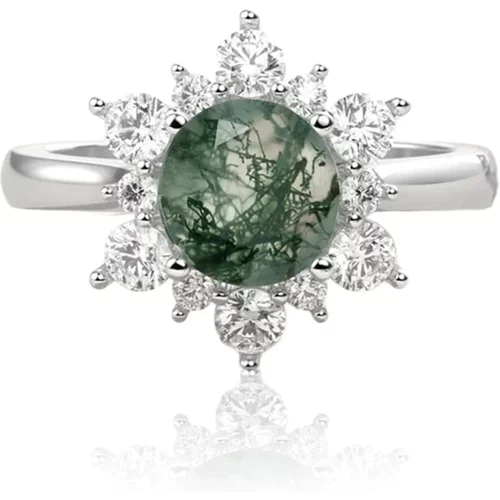 Sterling Silver Moss Agate Sun Engagement Ring