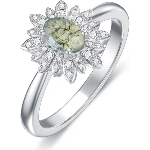 Sterling Silver Moss Agate Sunflower Engagement Ring