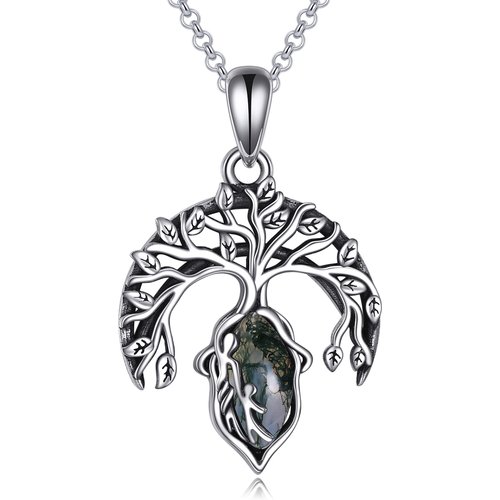 Sterling Silver Moss Agate Tree Of Life & Mother Pendant Necklace