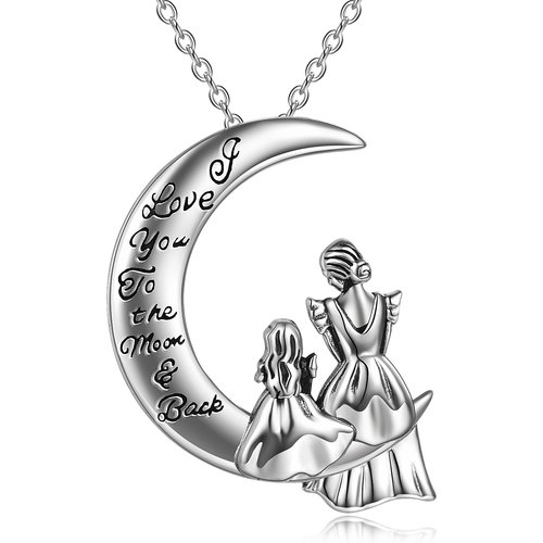 Sterling Silver Mother & Daughter Moon Pendant Necklace with Engraved Word