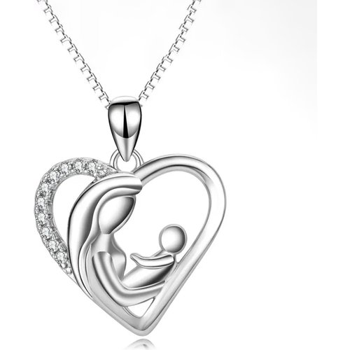 Sterling Silver Cubic Zirconia Mother & Heart Pendant Necklace