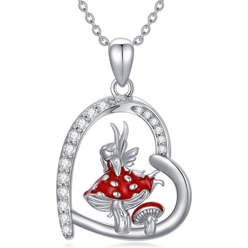 Sterling Silver Cubic Zirconia Mushroom & Fairy Pendant Necklace