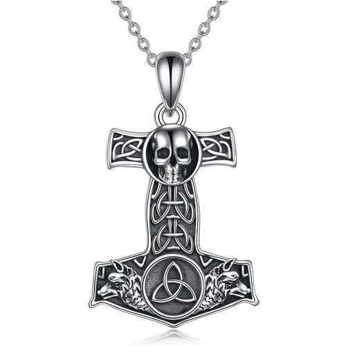 Sterling Silver Celtic Knot & Skull Thor's Hammer Pendant Necklace for Men