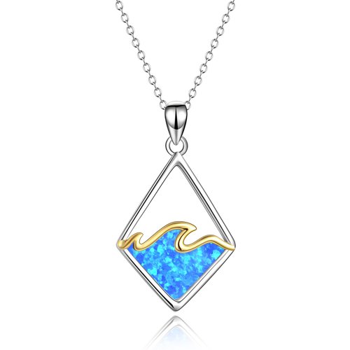 Sterling Silver Ocean Beach Blue Opal Wave Necklace for Women