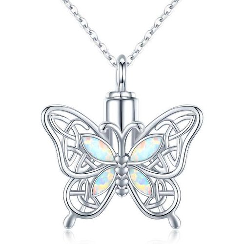 Sterling Silver Opal Butterfly & Celtic Knot Urn Necklace for Ashes