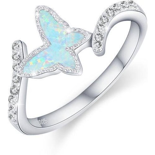 Sterling Silver Cubic Zirconia & Opal Butterfly Open Ring