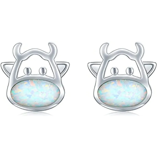 Sterling Silver Opal Cow Stud Earrings