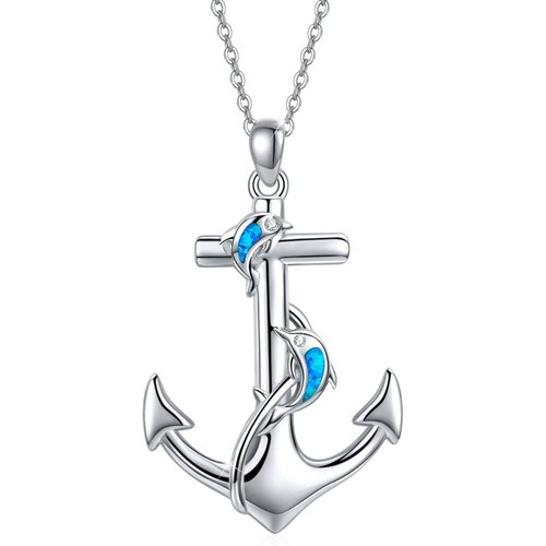 Sterling Silver Opal Dolphin & Anchor Pendant Necklace