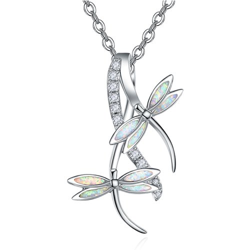 Sterling Silver Opal Dragonfly Pendant Necklace